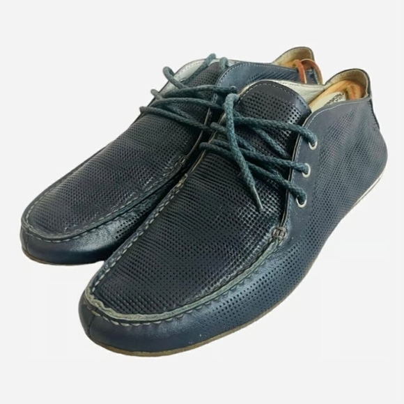 Men’s Navy Blue Perforated Leather Lace-Up Loafers Moccasins Size 42 Italy - Picture 3 of 5